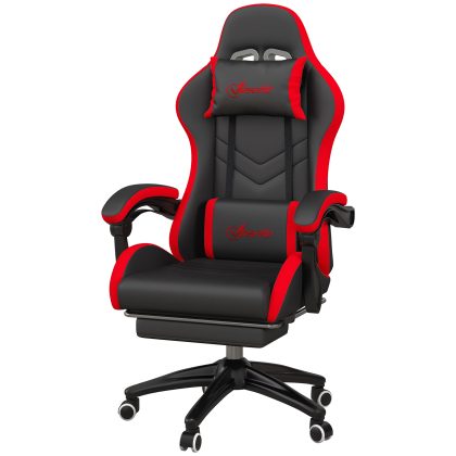Vinsetto Gaming-Stuhl aus PU-Leder und Stahl mit verstellbarer Höhe, ergonomischer Gaming-Stuhl mit neigbarem Rückenlehne, 65x65x121-129 cm, Schwarz und Rot   Aosom