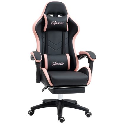 Vinsetto Gaming Stuhl Bürostuhl Computerstuhl mit Lendenkissen, Kopfstütze, Gaming Sessel, höhenverstellbarer Schreibtischstuhl mit Fußstütze, Kunstleder, Schwarz+Rosa   Aosom